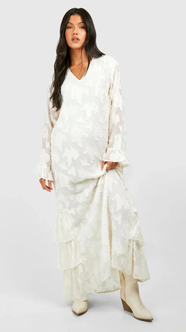 Cream Maternity Floral Burnout Frill Maxi Dress