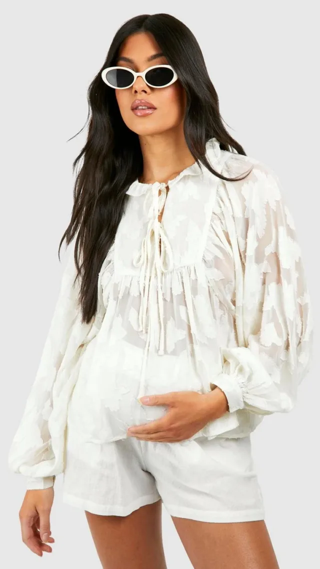 Cream Maternity Floral Burnout Tie Neck Smock Top