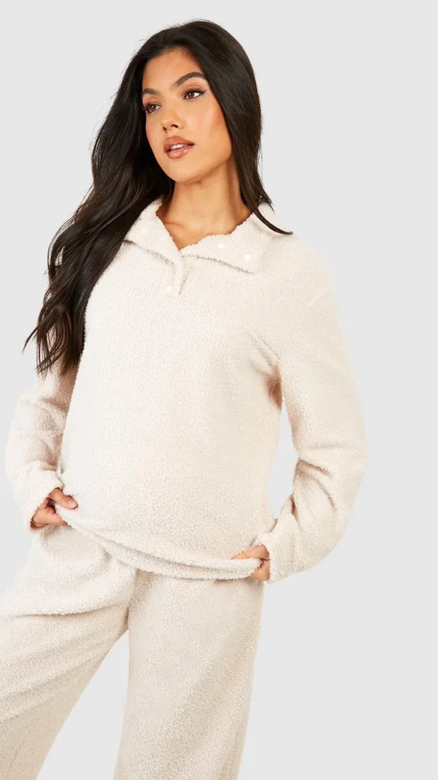 Cream Maternity Fluffy Borg Collared Lounge Sweatshirt