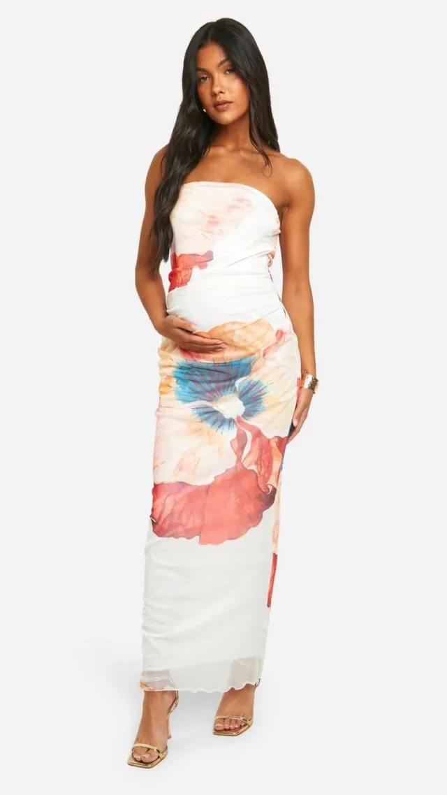 Cream Maternity Mesh Floral Print Bandeau Maxi Dress