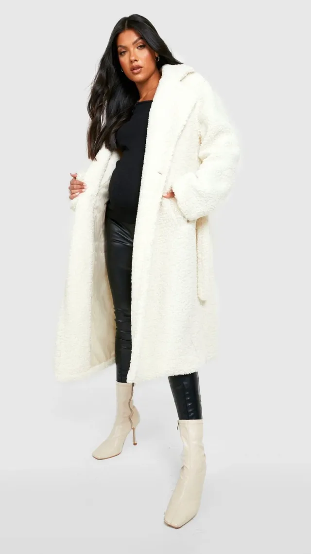 Cream Maternity Oversized Teddy Faux Fur Coat