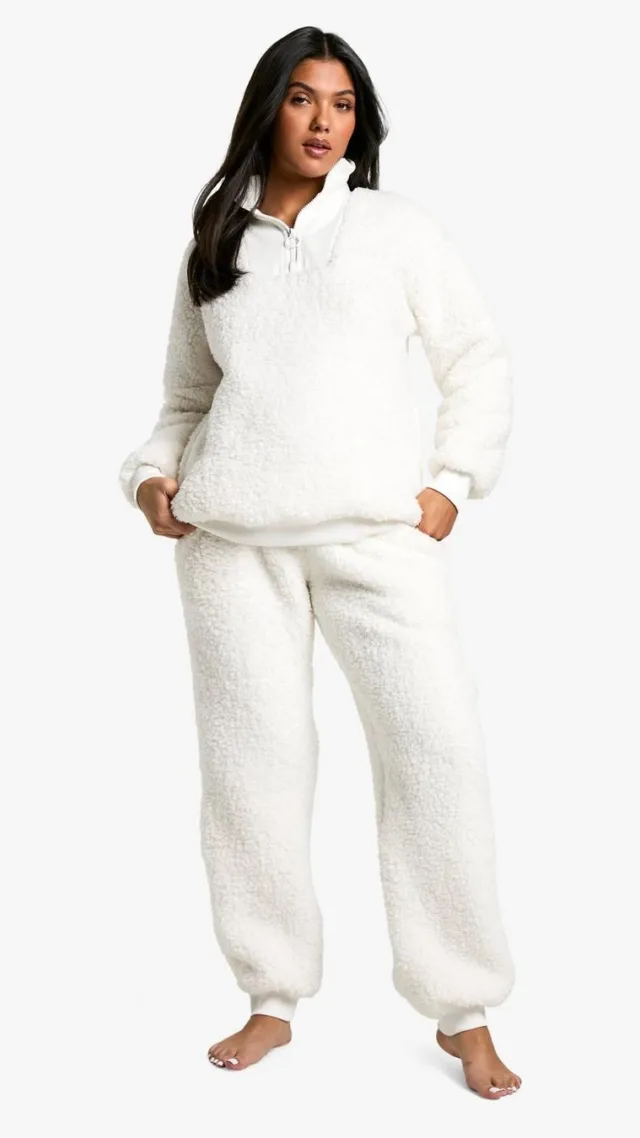 Cream Maternity Rib Fleece Half Zip And Jogger Lounge Set