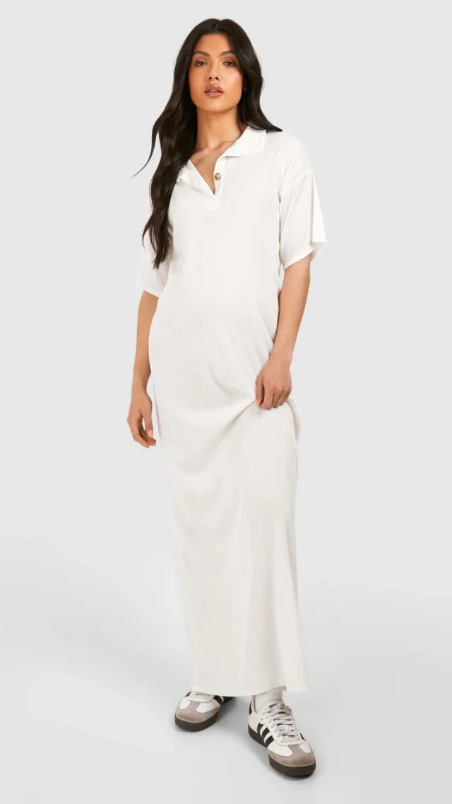 Cream Maternity Ribbed Collared Maxi T-Shirt Dress