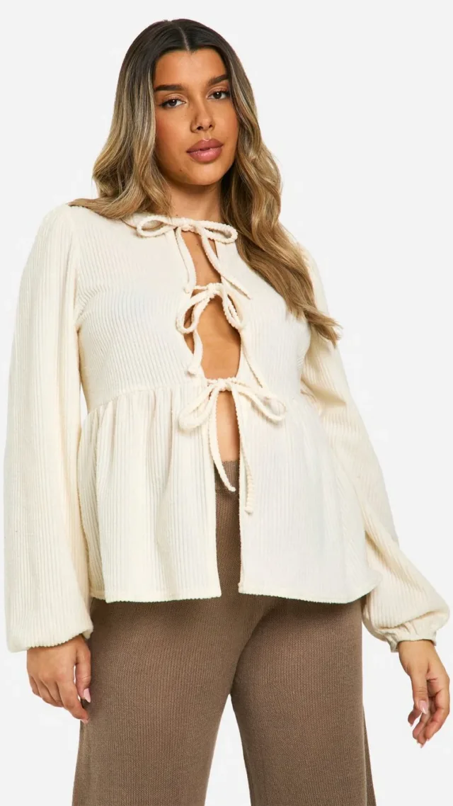 Cream Maternity Soft Rib Tie Front Frill Hem Long Sleeve Smock Top