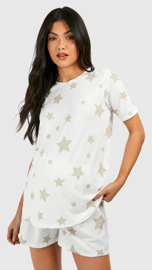 Cream Maternity Star Print Pajama Short Set