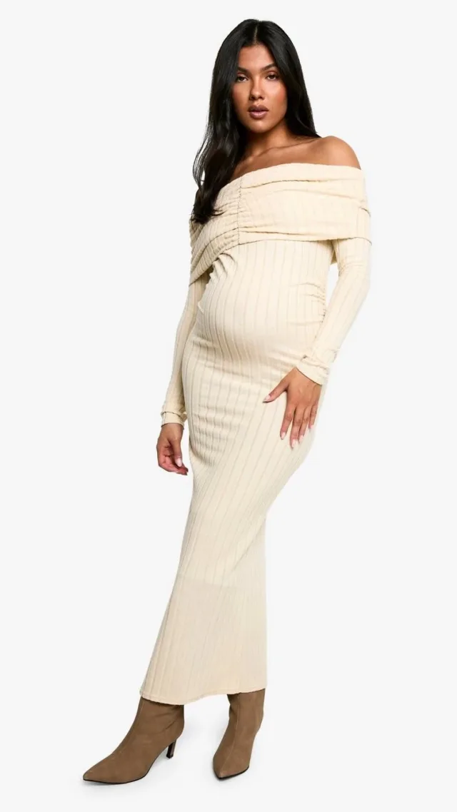 Cream Maternity Textured Bardot Long Sleeve Maxi Dress