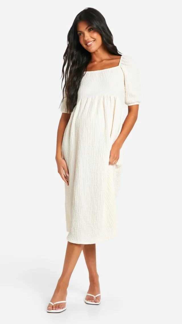 Cream Maternity Textured Jersey Knit Midi Smock Dress