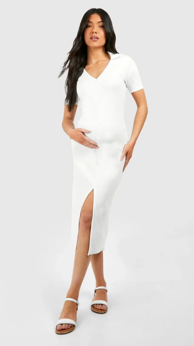 Cream Maternity Textured Rib Collard Button Down Midi Dress