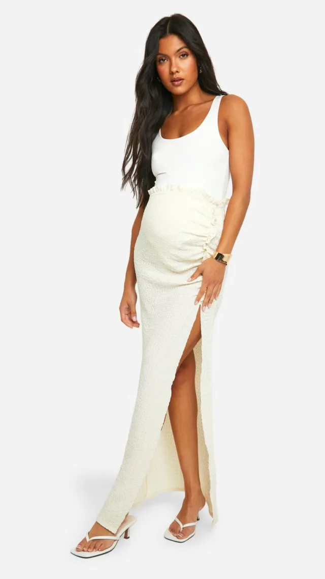 Cream Maternity Textured Ruched Side Split Maxi Skirt