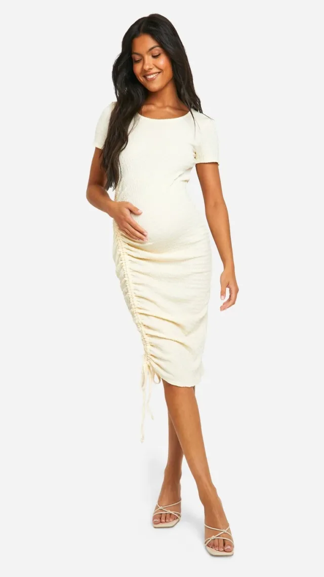 Cream Maternity Textured Short Sleeve Ruched Midi Dress