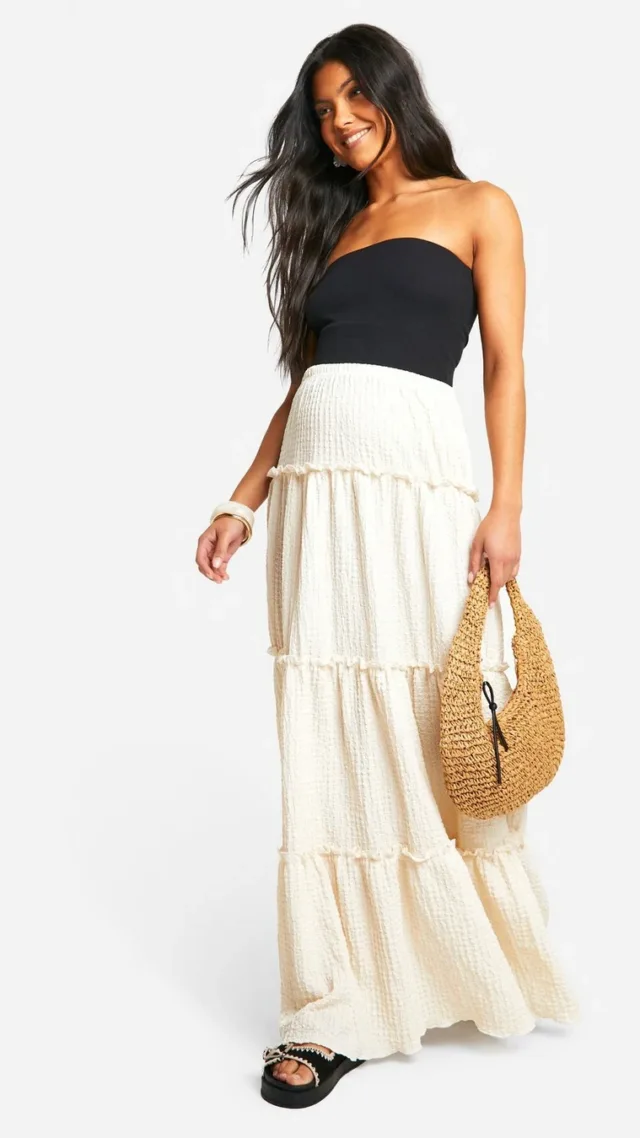 Cream Maternity Textured Tiered Maxi Skirt