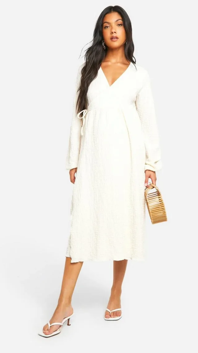 Cream Maternity Textured Wrap Over Long Sleeve Midi