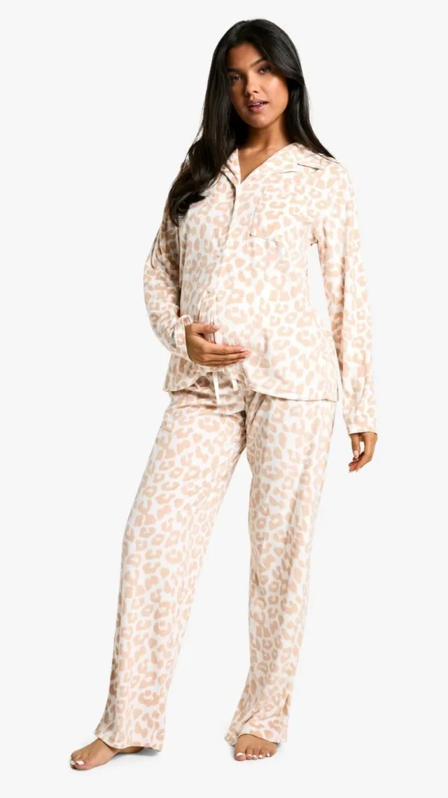 Cream Maternity Tonal Leopard Fleece Pyjama Set