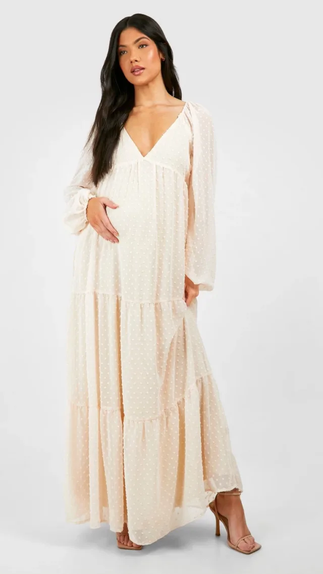 Cream Maternity V Neck Tiered Dobby Maxi Dress