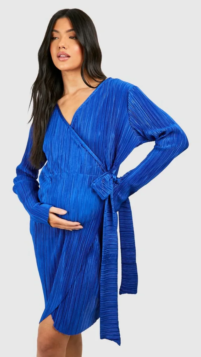 Dark Blue Maternity Plisse Wrap Belted Mini Dress