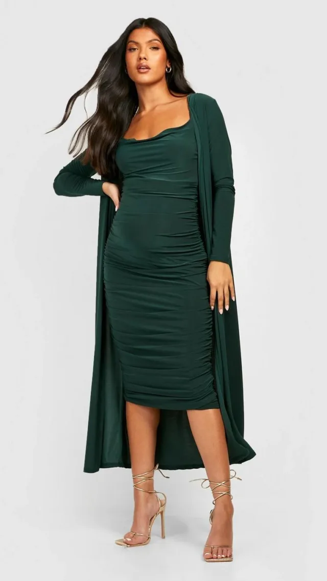 Dark Green Maternity Strappy Cowl Neck Dress And Duster