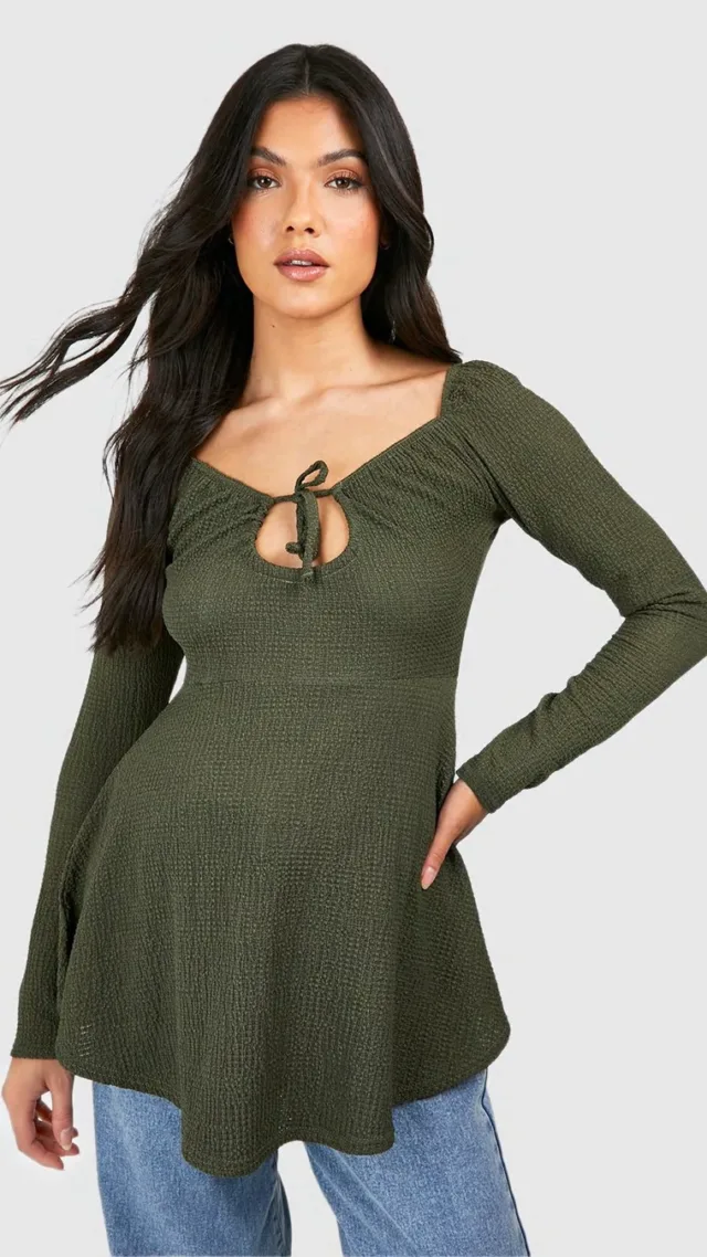 Dark Green Maternity Textured Tie Front Smock Top