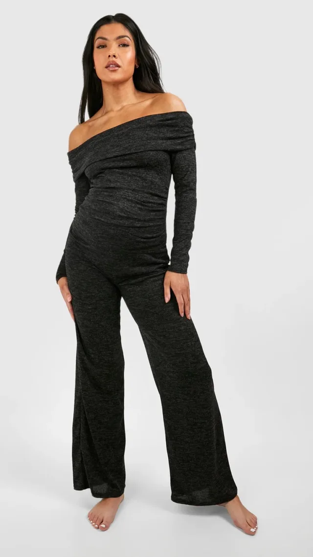 Dark Grey Maternity Brushed Knit Off The Shoulder Loungewear Set