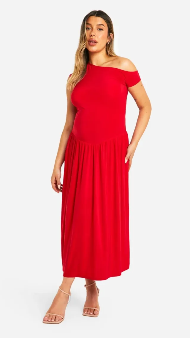 Dark Red Maternity Slinky Off The Shoulder Drop Waist Full Skirt Midi Dress