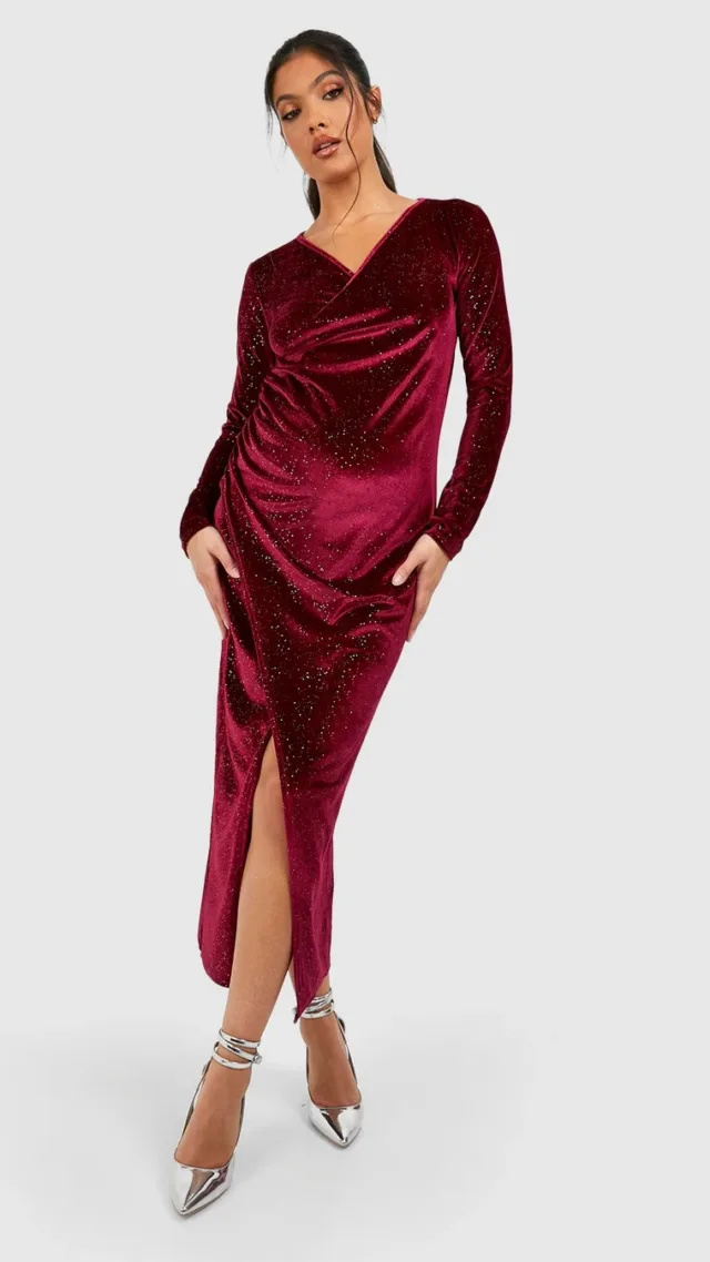 Dark Red Maternity Wrap Over Velvet Midi Dress