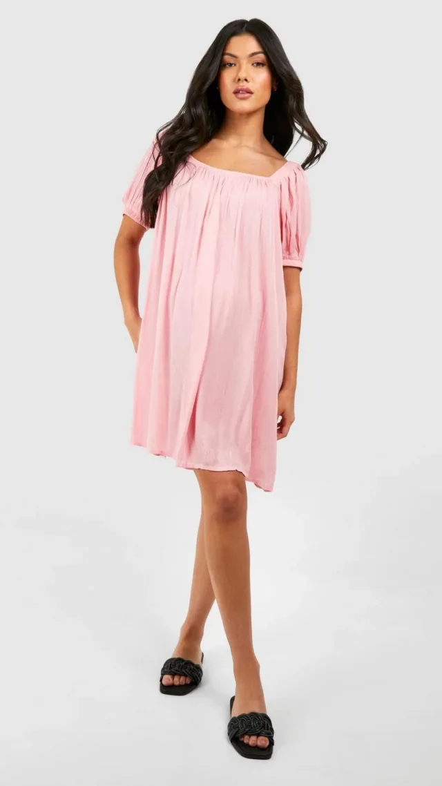 Dusky Pink Maternity Cheesecloth Puff Sleeve Mini Dress