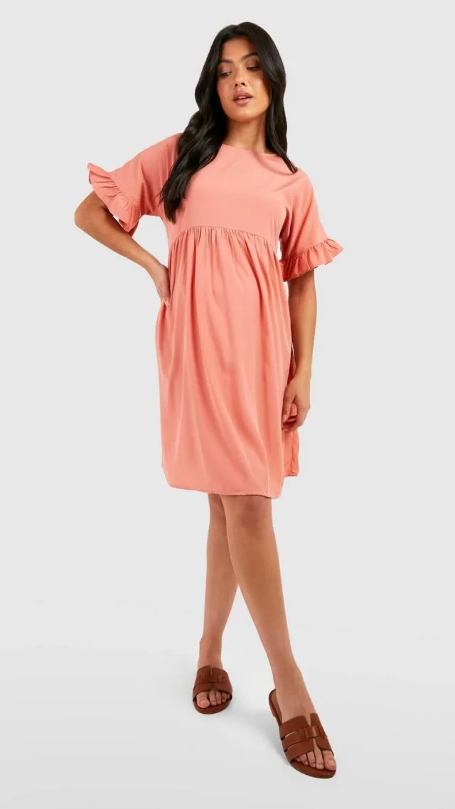 Dusky Pink Maternity Frill Sleeve Smock Dress