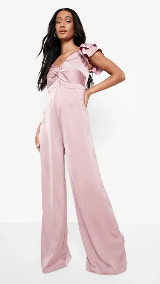 Dusky Pink Maternity Ruffle Satin Jumpsuit