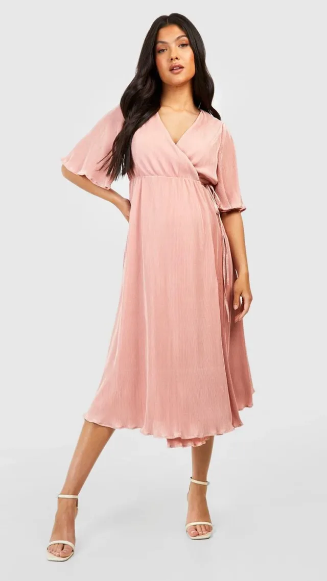 Dusky Pink Maternity Wrap Pleated Skater Midi Dress