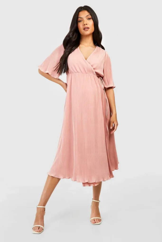 Dusky Pink Maternity Wrap Pleated Skater Midi Dress