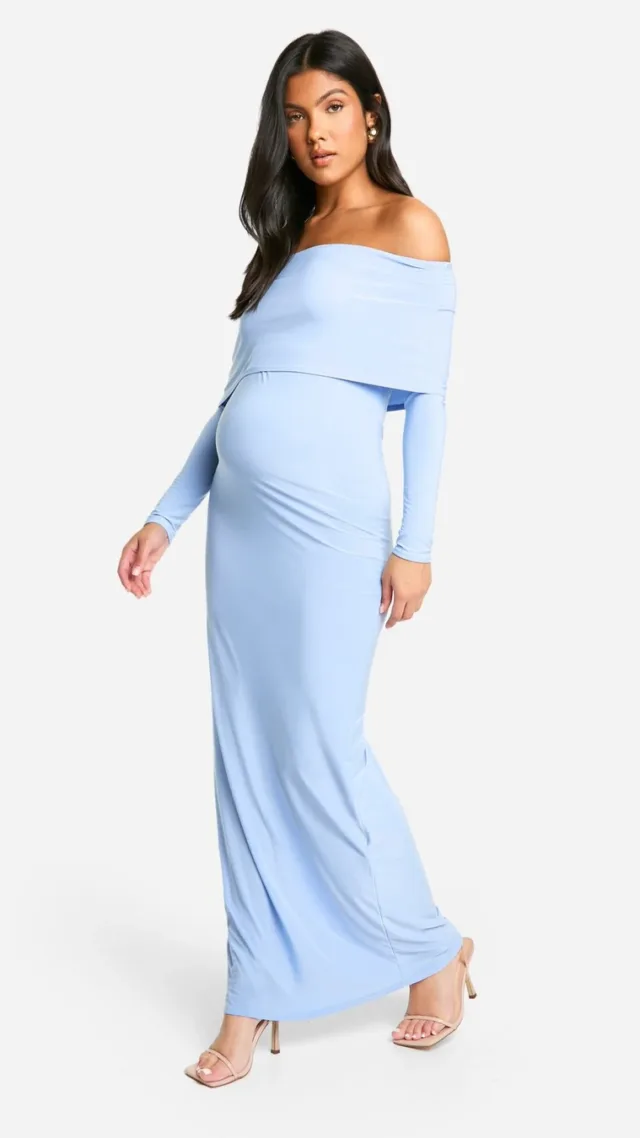 Dusty Blue Maternity Slinky Deep Bardot Long Sleeve Maxi Dress