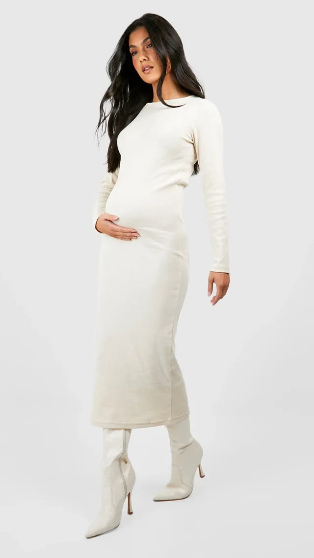 Ecru Maternity Basic Crew Neck Midi Dress