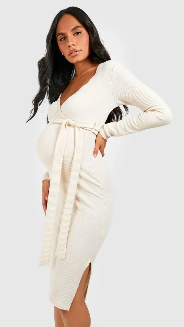 Ecru Maternity Crinkle Rib Belted Midi Dress