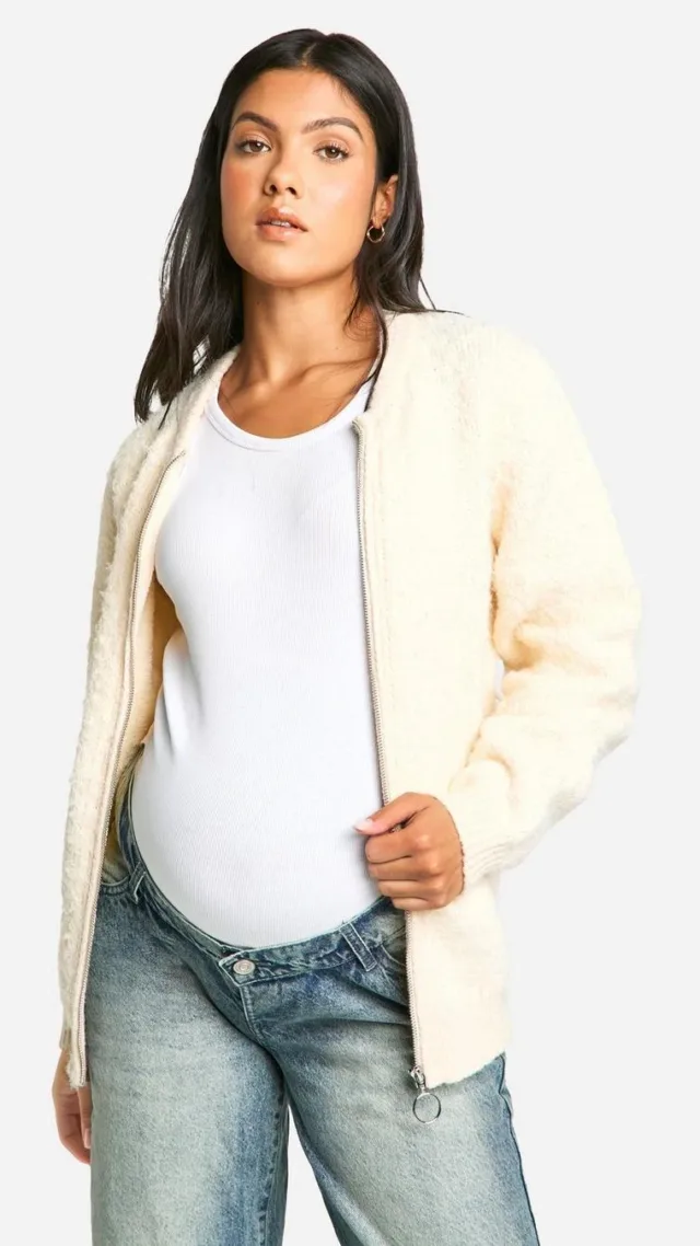 Ecru Maternity Knitted Bomber Jacket