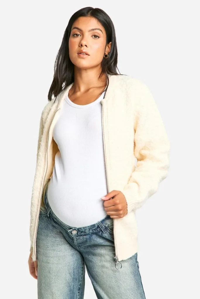 Ecru Maternity Knitted Bomber Jacket