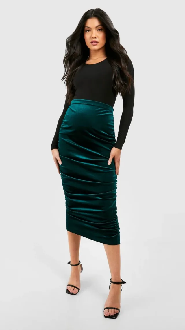 Forest Maternity Velvet Ruched Midi Skirt