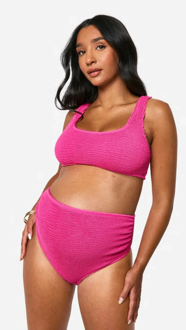 Fuchsia Maternity Crinkle Scoop Neck High Waisted Bikini Set