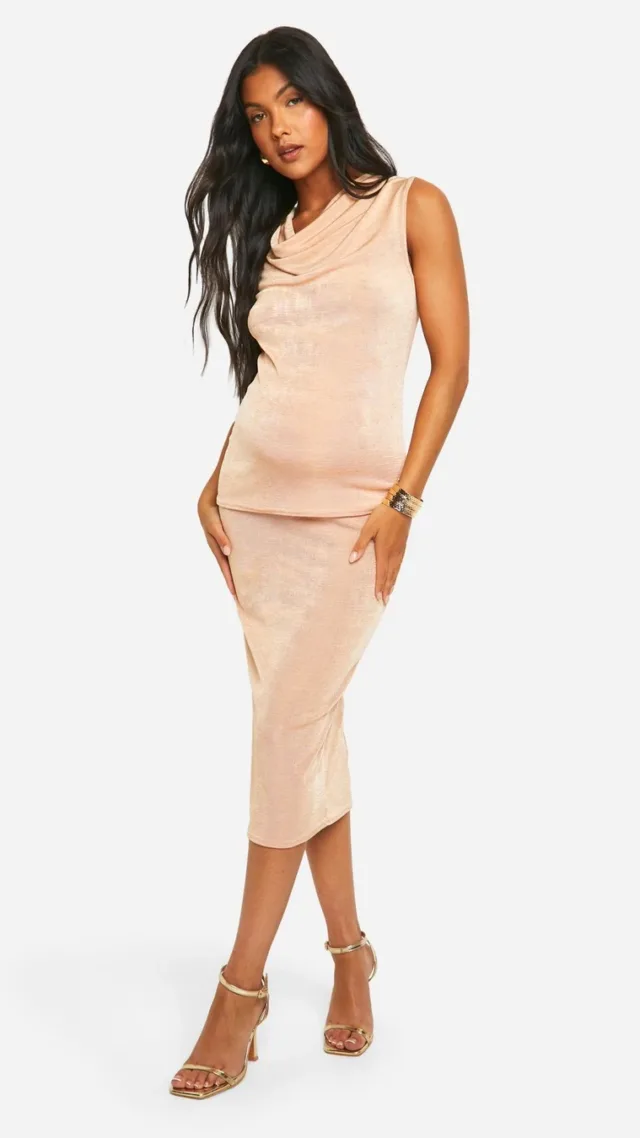 Gold Maternity Acetate Slinky Midi Bodycon Skirt