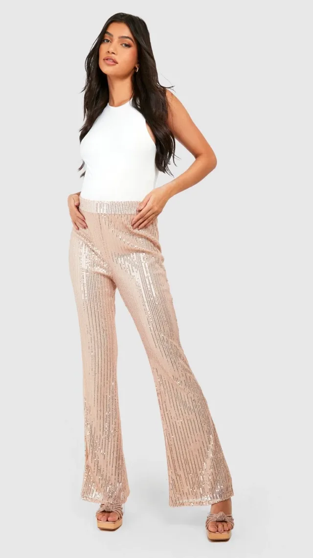 Gold Maternity Sequin Stretch Flare Pants