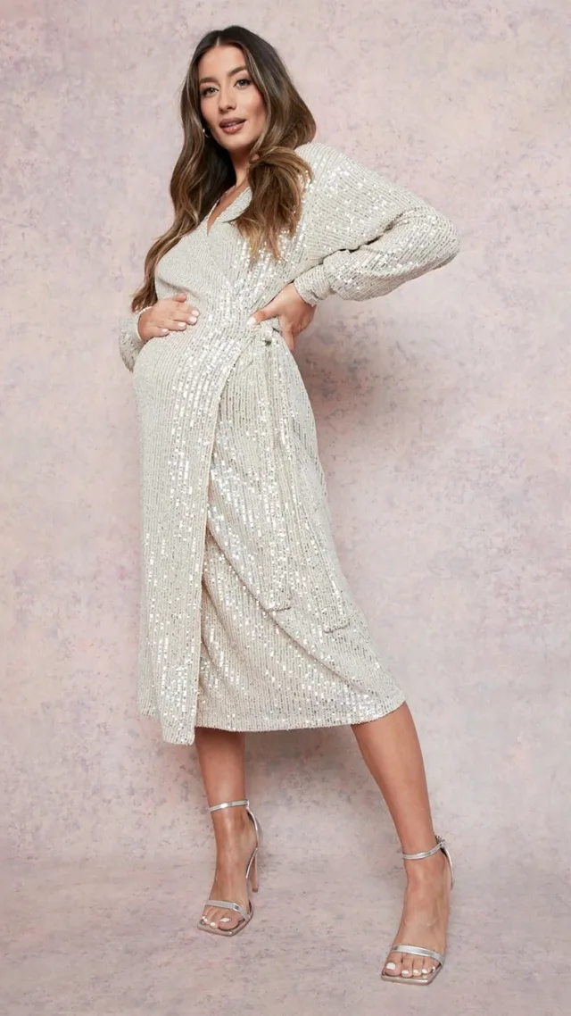 Gold Maternity Sequin Wrap Midi Dress