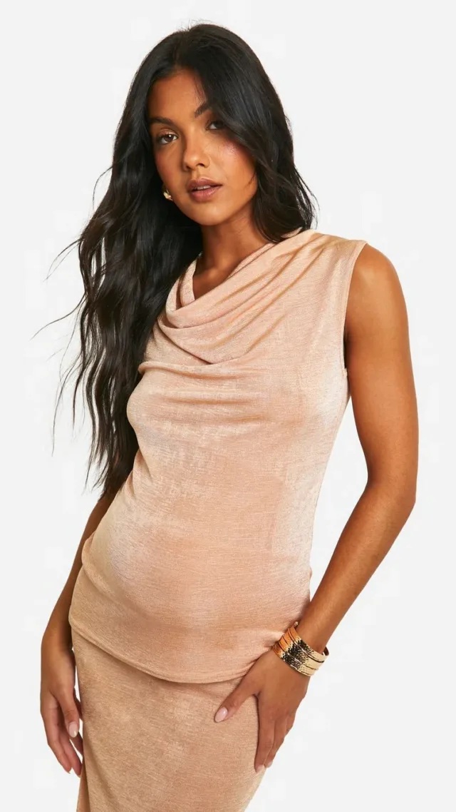 Gold Maternity Slinky Cowl Neck Sleeveless Top