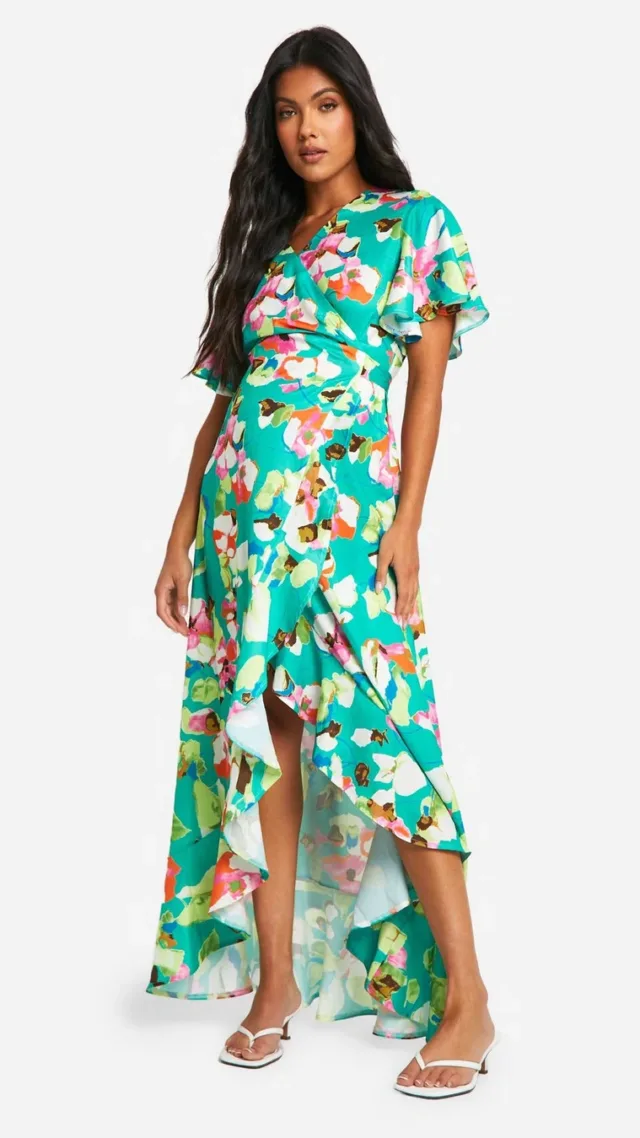 Green Maternity Belted Floral Ruffle Hem Maxi Dress