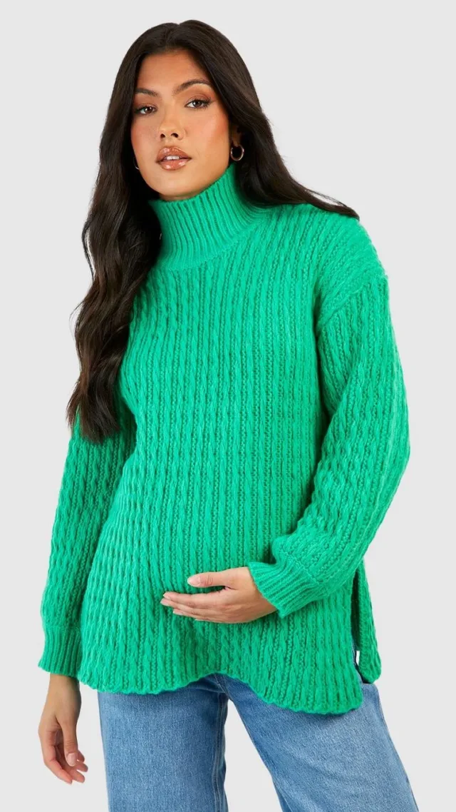 Green Maternity Cable Knit Side Split Sweater