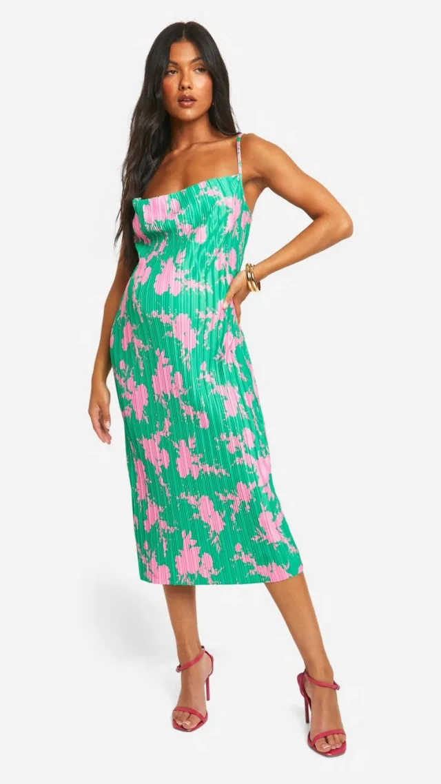 Green Maternity Cowl Neck Plisse Midi Dress