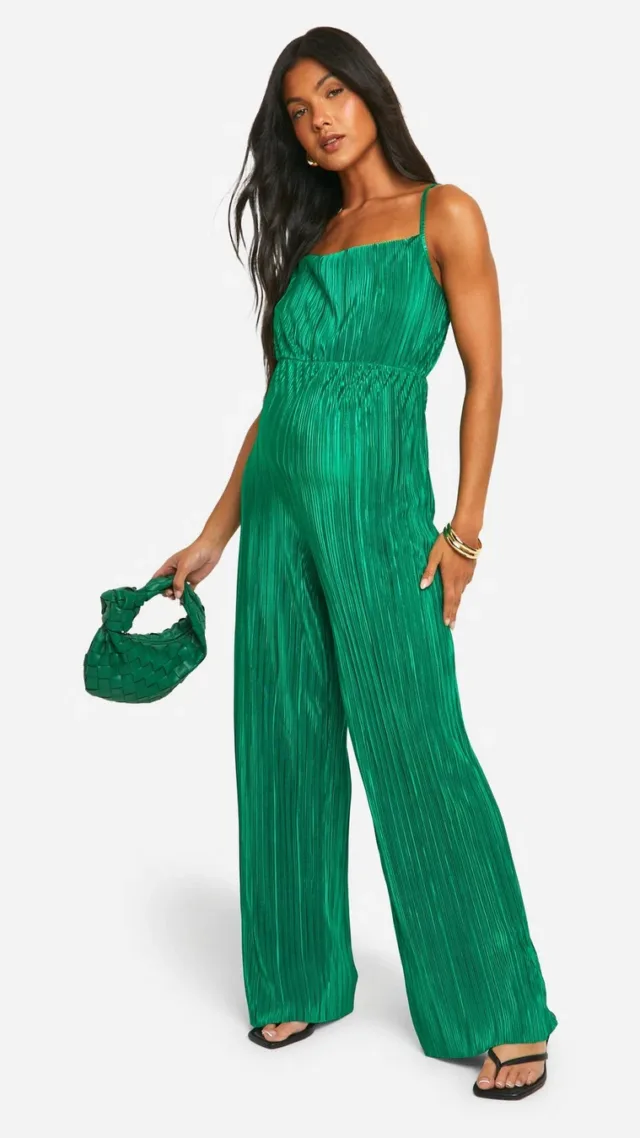 Green Maternity Cowl Neck Plisse Wide Leg Jumpsuit