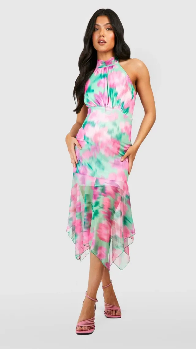 Green Maternity Floral Halter Frill Hem Maxi Dress