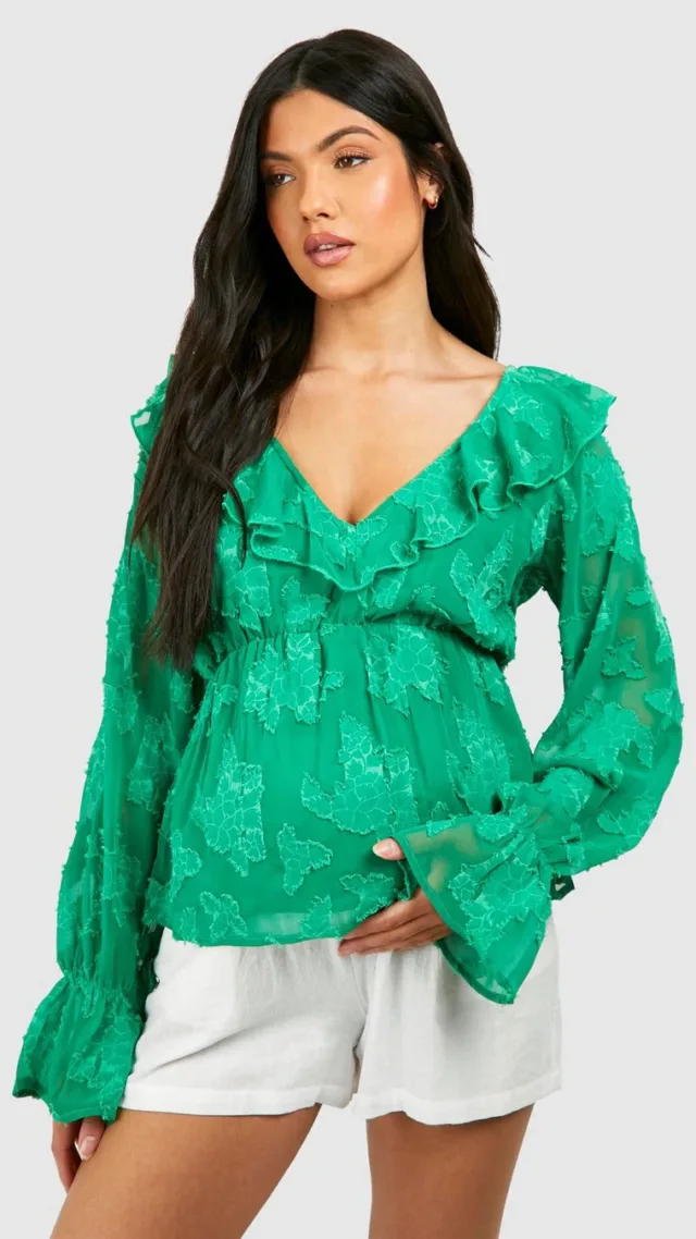 Green Maternity Floral Jacquard Frill Detail Peplum Top