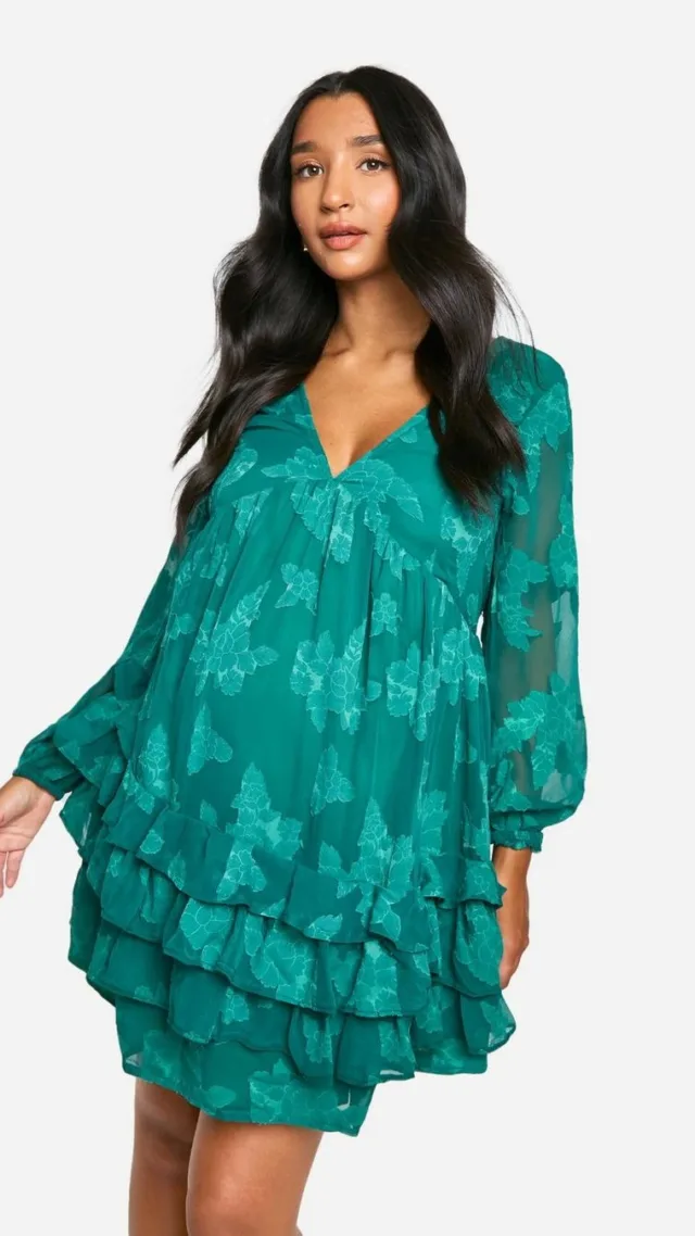 Green Maternity Floral Jacquard Shift Mini Dress