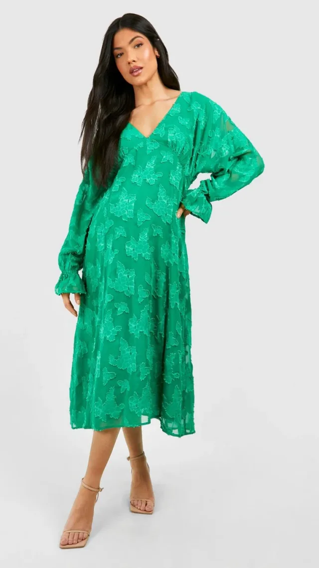 Green Maternity Floral Jacquard V Neck Midi Dress