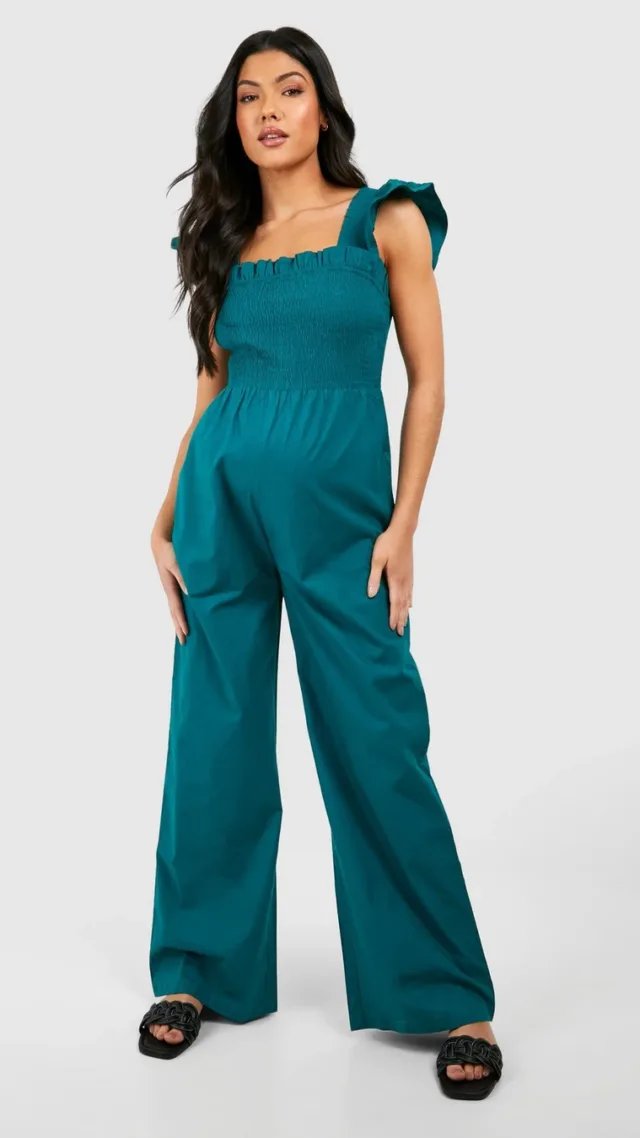 Green Maternity Frill Strap Shirred Jumpsuit