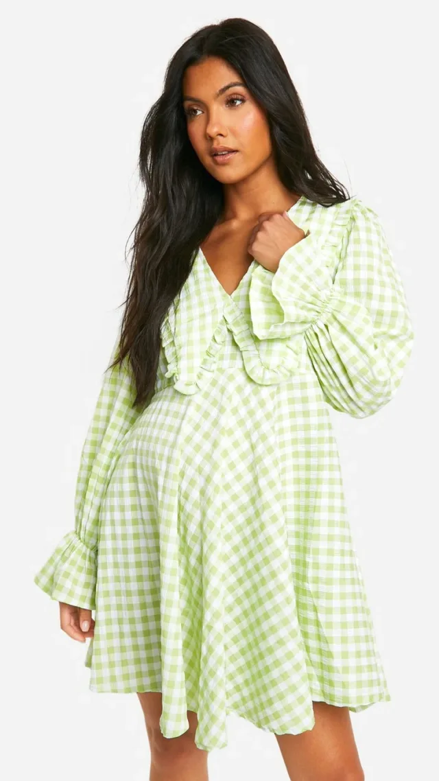 Green Maternity Gingham Collared Puff Sleeve Smock Dress